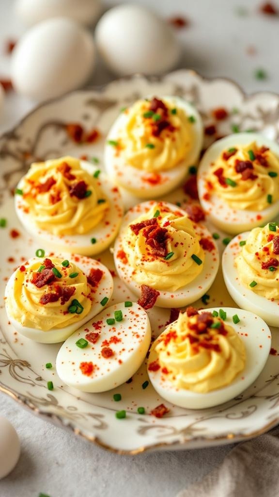 A platter of deviled eggs topped with bacon bits and chives