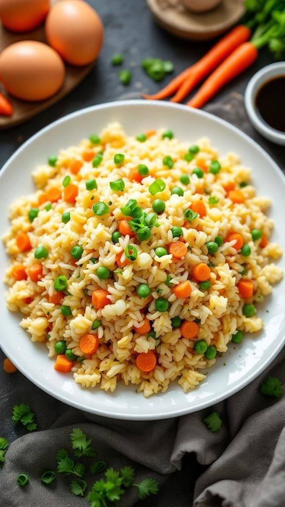 A plate of egg fried rice with mixed vegetables, garnished with green onions, and eggs in the background.
