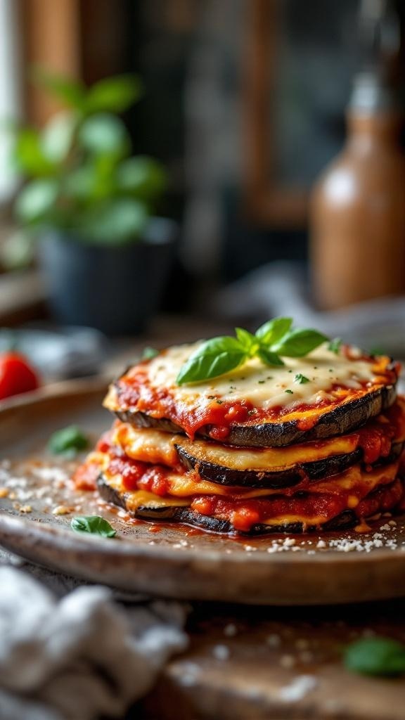 A delicious stack of Eggplant Parmesan with layers of eggplant, marinara sauce, and melted cheese, garnished with fresh basil.