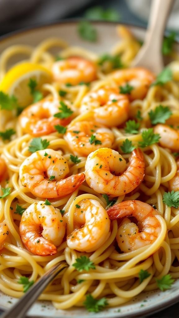 A plate of garlic shrimp pasta salad with spaghetti, shrimp, and parsley