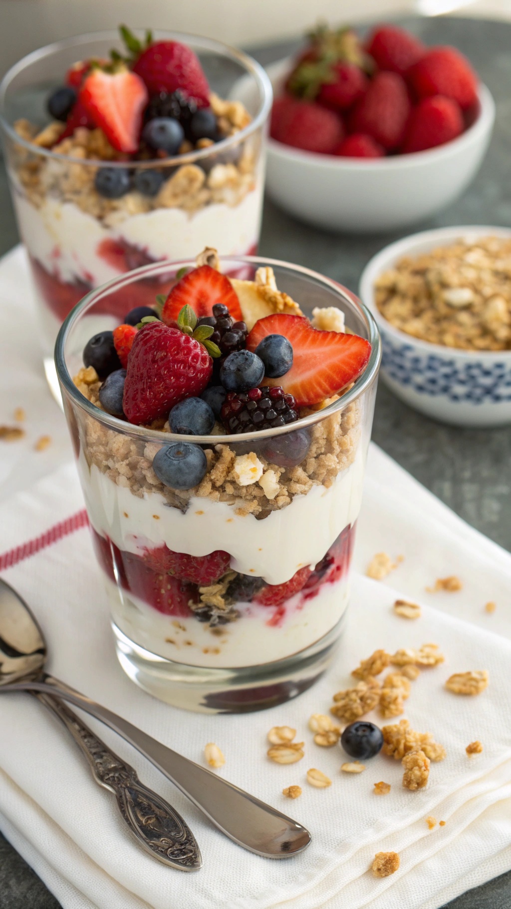 Greek yogurt parfait with layers of yogurt, berries, and granola in a glass.