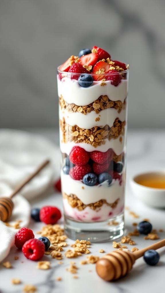 A Greek yogurt parfait layered with granola and fresh berries.