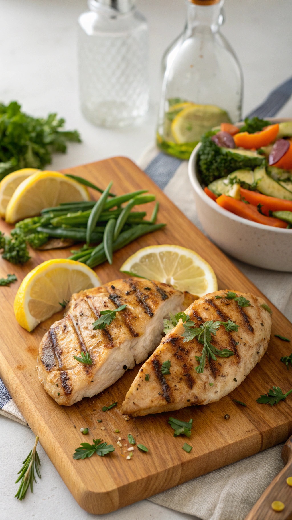 Grilled chicken breast with lemon and herbs served with a side of fresh vegetables.