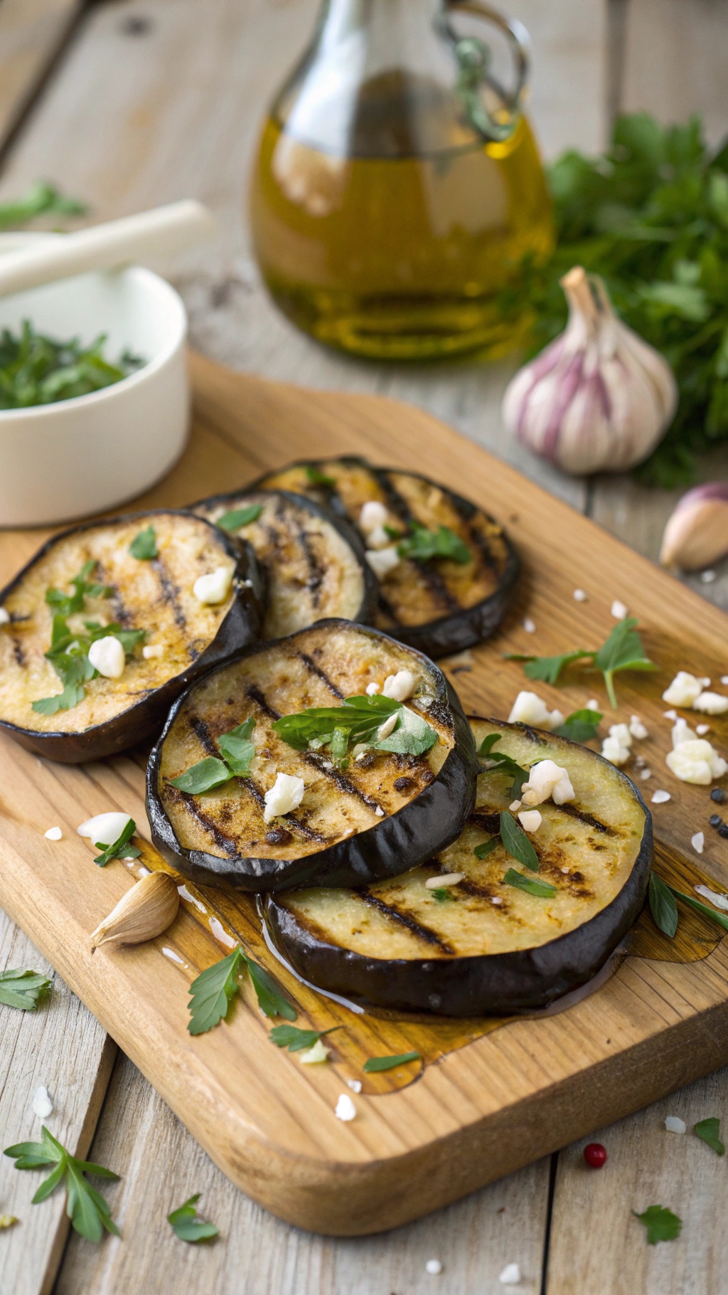 Grilled eggplant slices garnished with herbs and garlic on a wooden board.