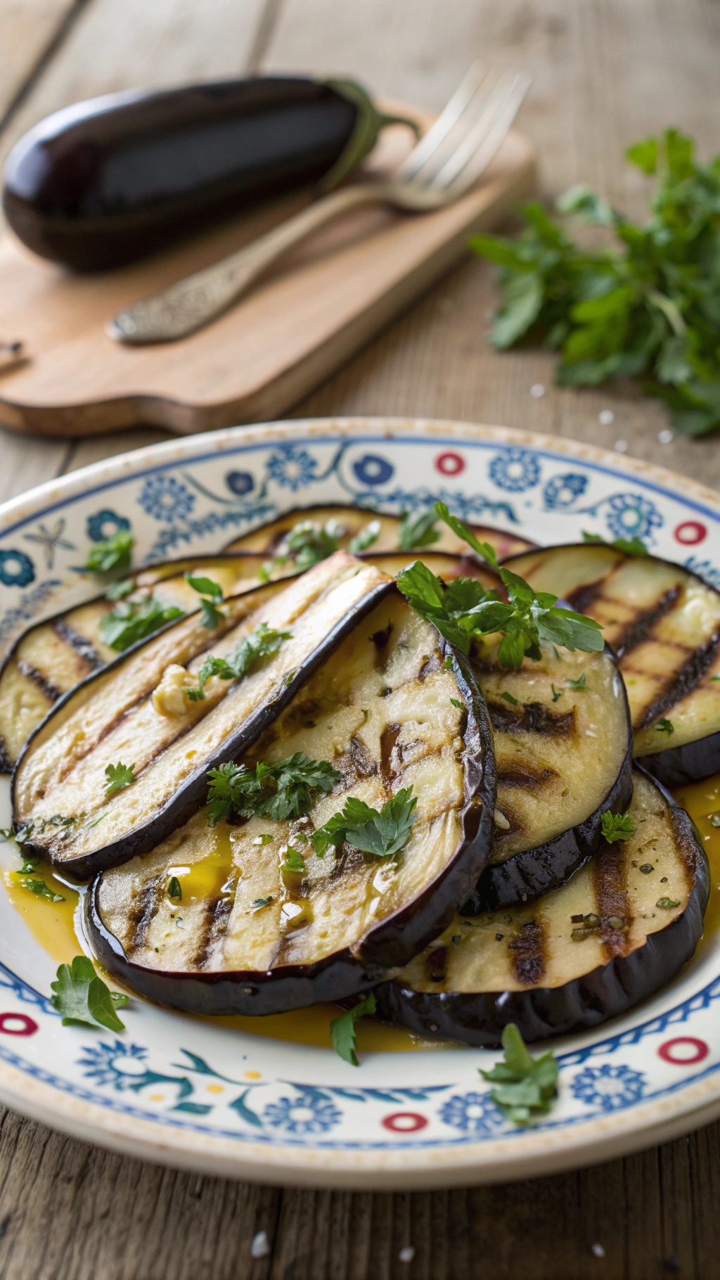 Grilled eggplant slices garnished with herbs on a decorative plate.