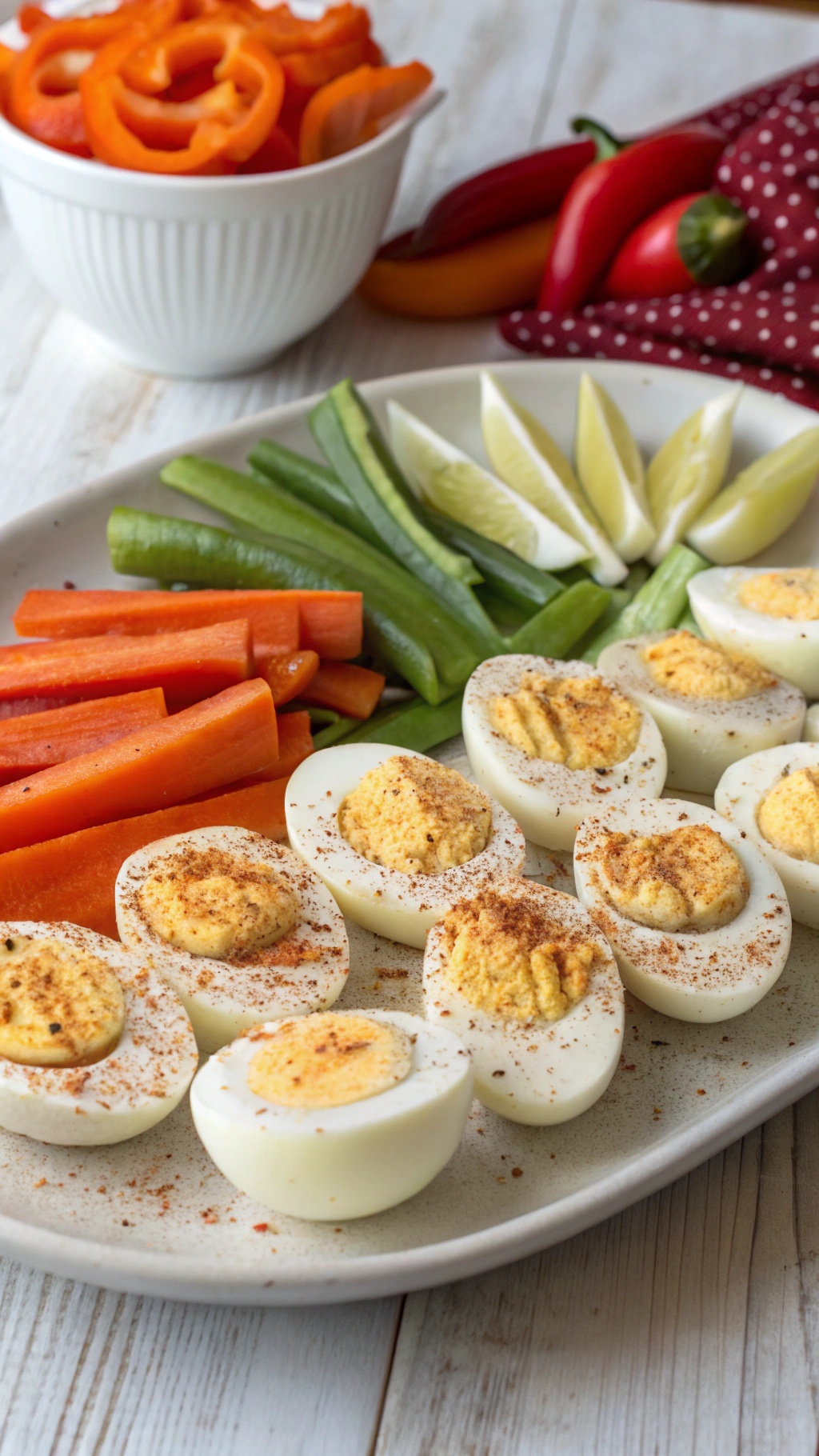 A platter of hard-boiled eggs filled with a creamy yolk mixture, surrounded by colorful vegetable sticks and lime wedges.