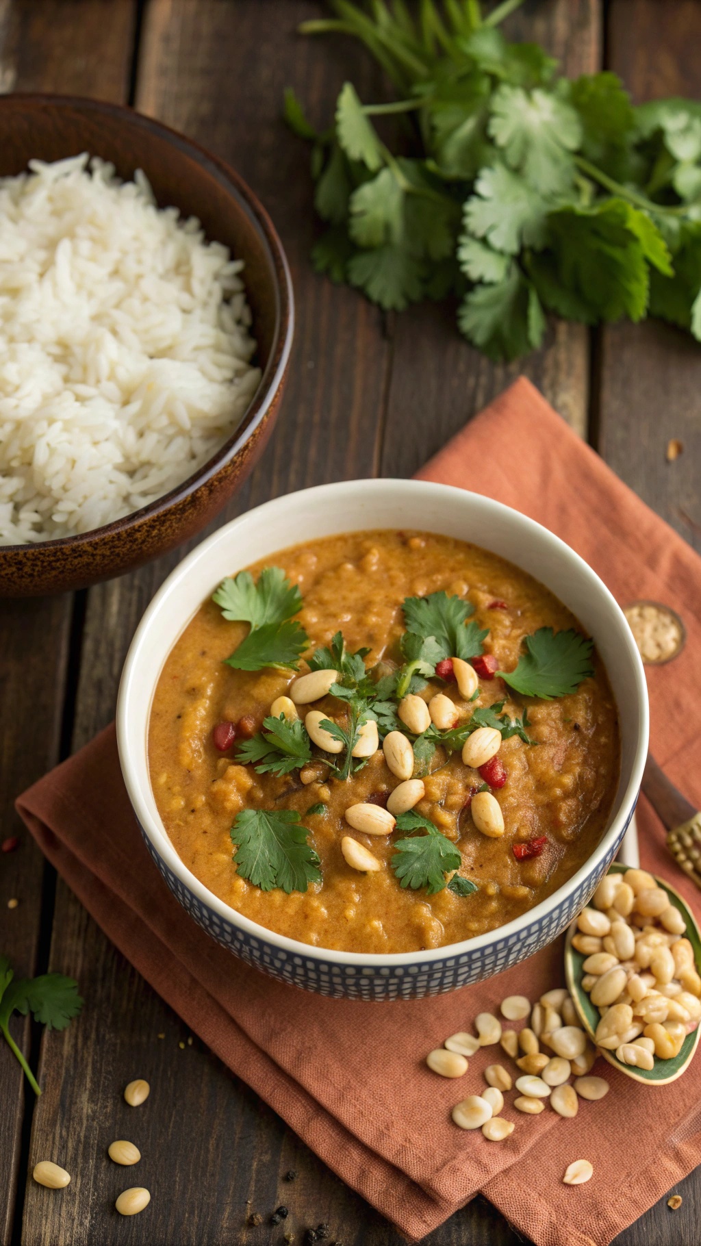 A bowl of lentil peanut stew garnished with cilantro and peanuts, served with a side of rice.