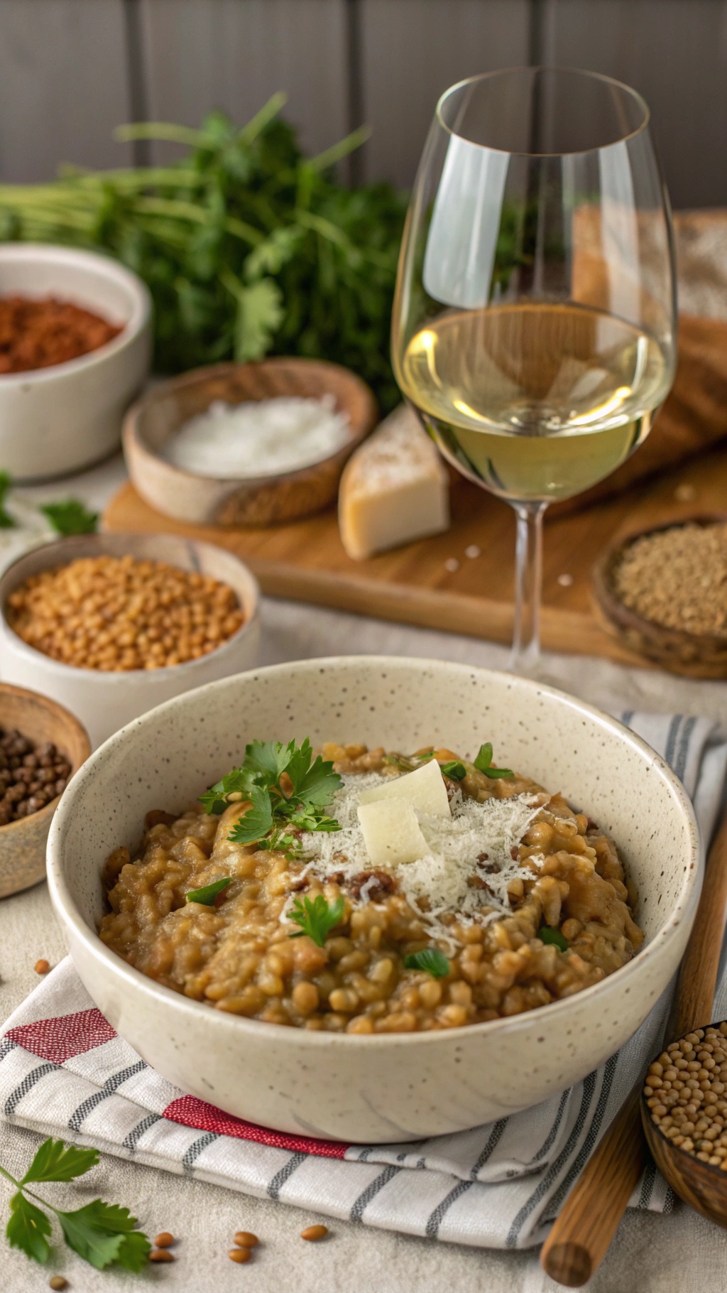 A bowl of lentil risotto topped with herbs and cheese, surrounded by ingredients like lentils, spices, and a glass of white wine.