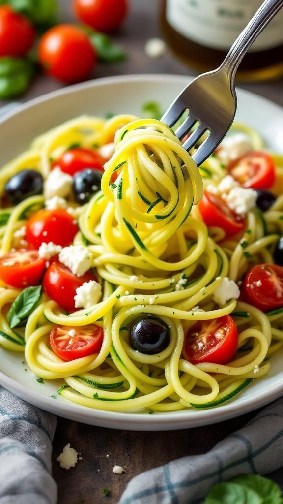 A plate of zucchini noodles topped with cherry tomatoes, black olives, and feta cheese.