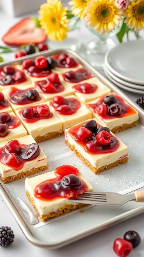 A tray of no-bake cheesecake bars topped with cherry and berry glaze, surrounded by flowers and plates.