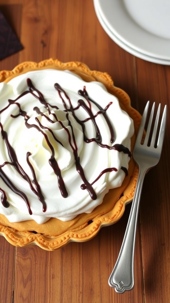 A delicious no-bake peanut butter pie topped with whipped cream and chocolate drizzle.