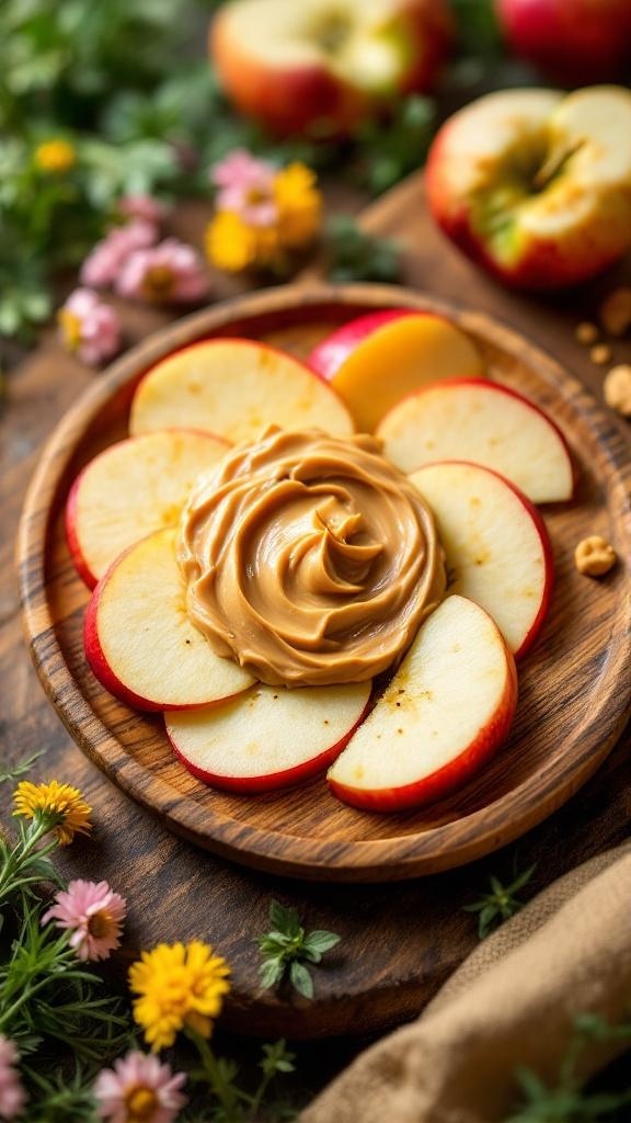 Wooden platter with apple slices arranged around a dollop of nut butter, surrounded by flowers.