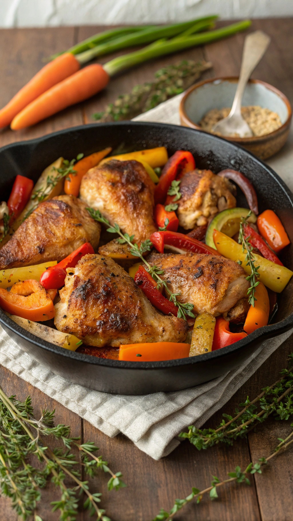A cast iron skillet filled with golden-brown chicken thighs and colorful bell peppers and carrots, garnished with fresh thyme.