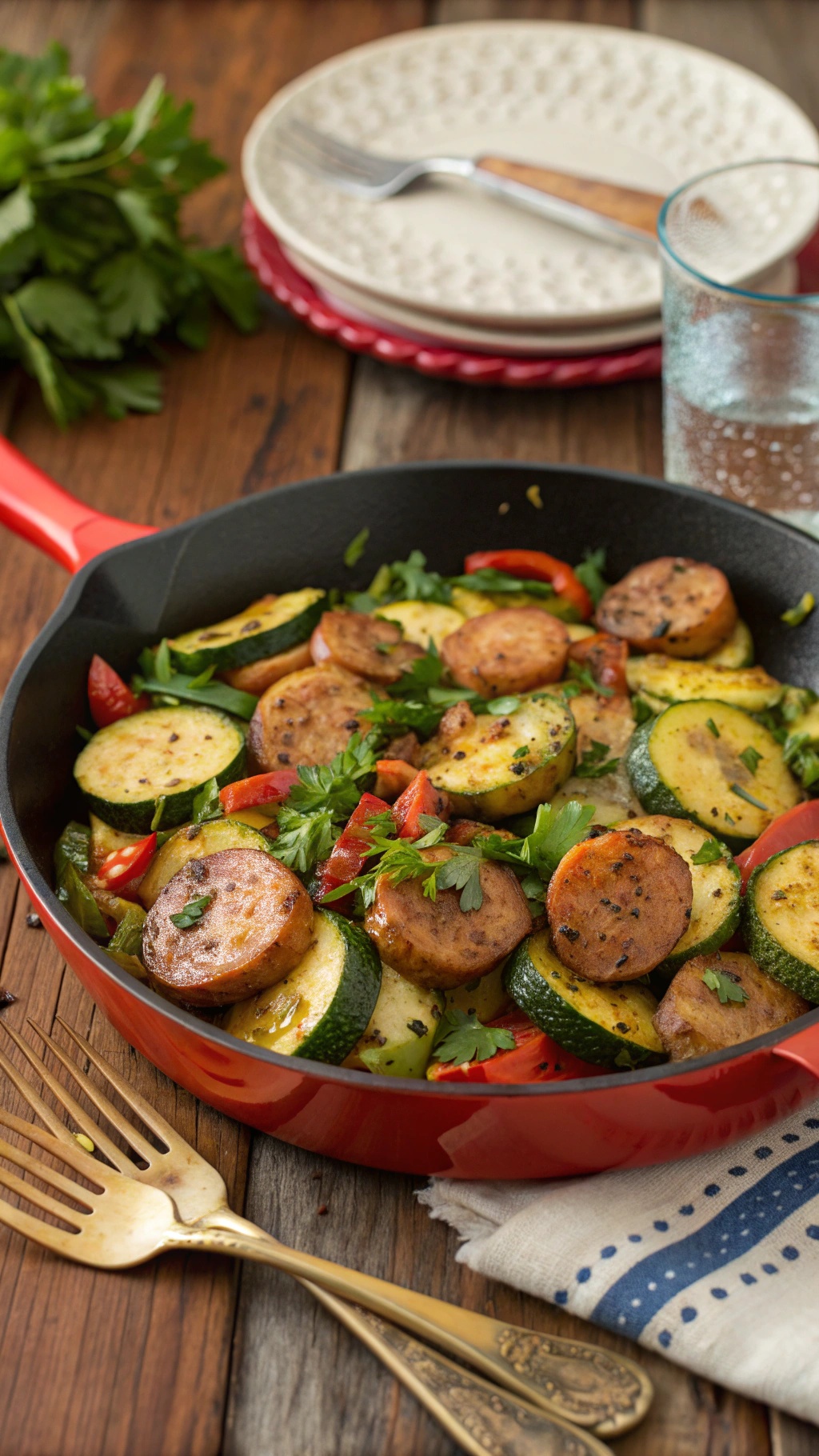 One-pan zucchini and sausage bake in a red skillet with fresh parsley and colorful vegetables.