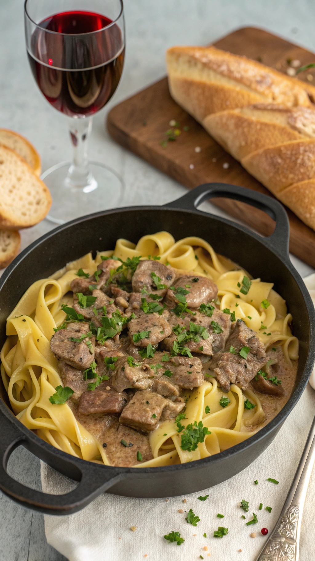 A one-pot beef stroganoff dish with egg noodles, beef, and parsley, served with a glass of red wine and bread.
