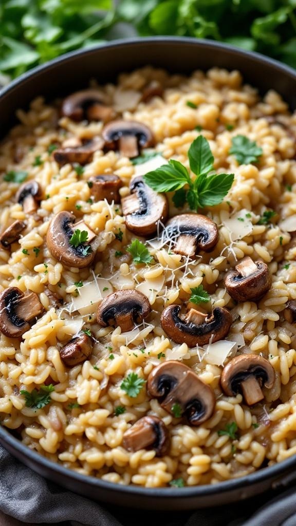 A bowl of creamy mushroom risotto topped with sliced mushrooms and fresh herbs.