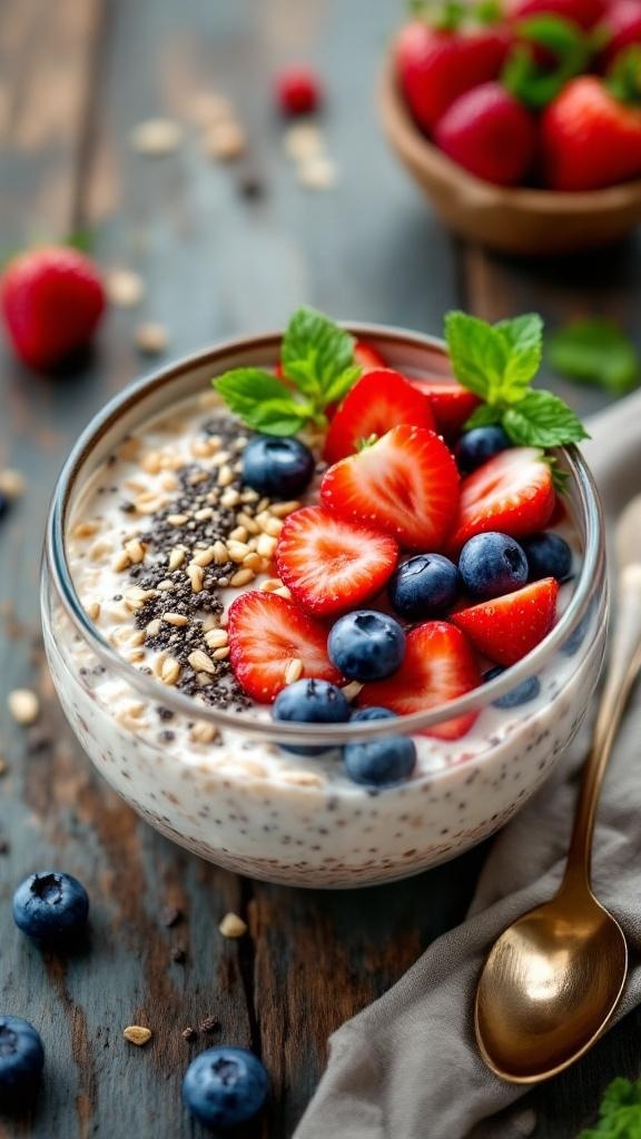 A bowl of overnight oats topped with strawberries, blueberries, and chia seeds.