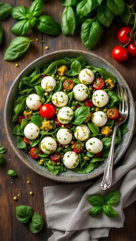 A vibrant salad with mozzarella balls, cherry tomatoes, and fresh basil, drizzled with pesto.