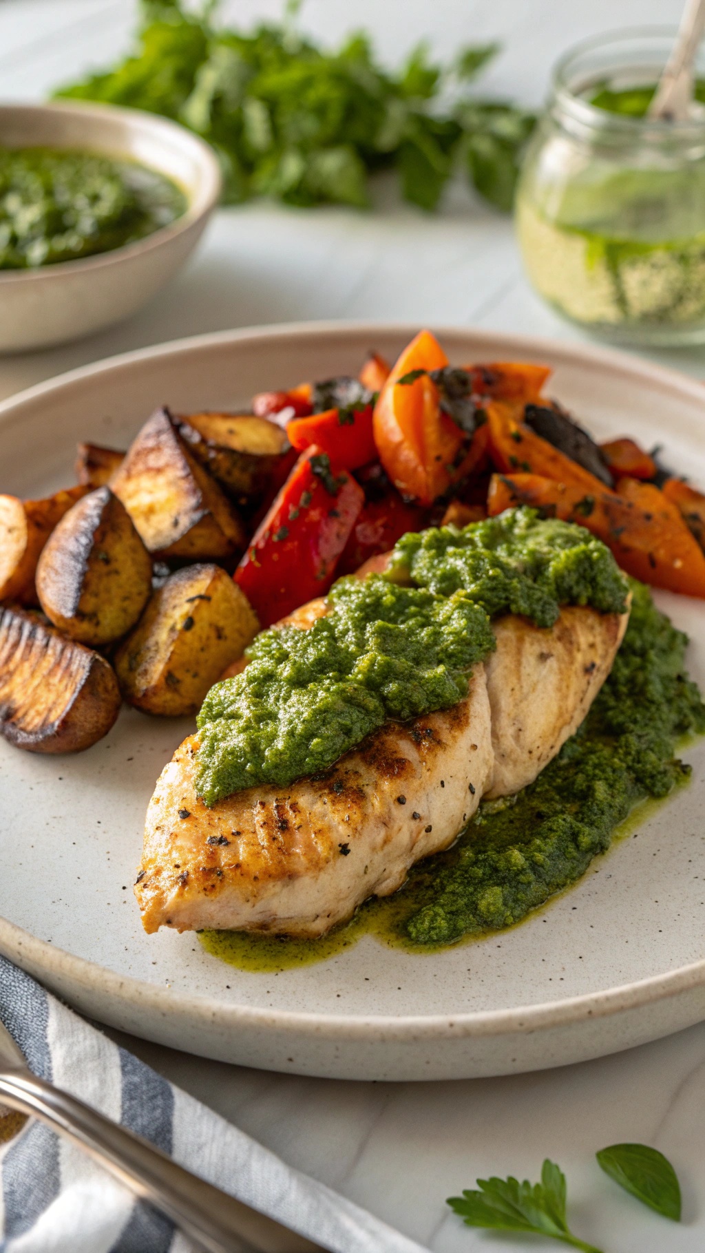 A plate of grilled chicken topped with pesto, served with roasted potatoes and bell peppers.