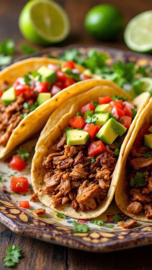 Three pork carnitas tacos topped with diced tomatoes and avocado on a decorative plate.