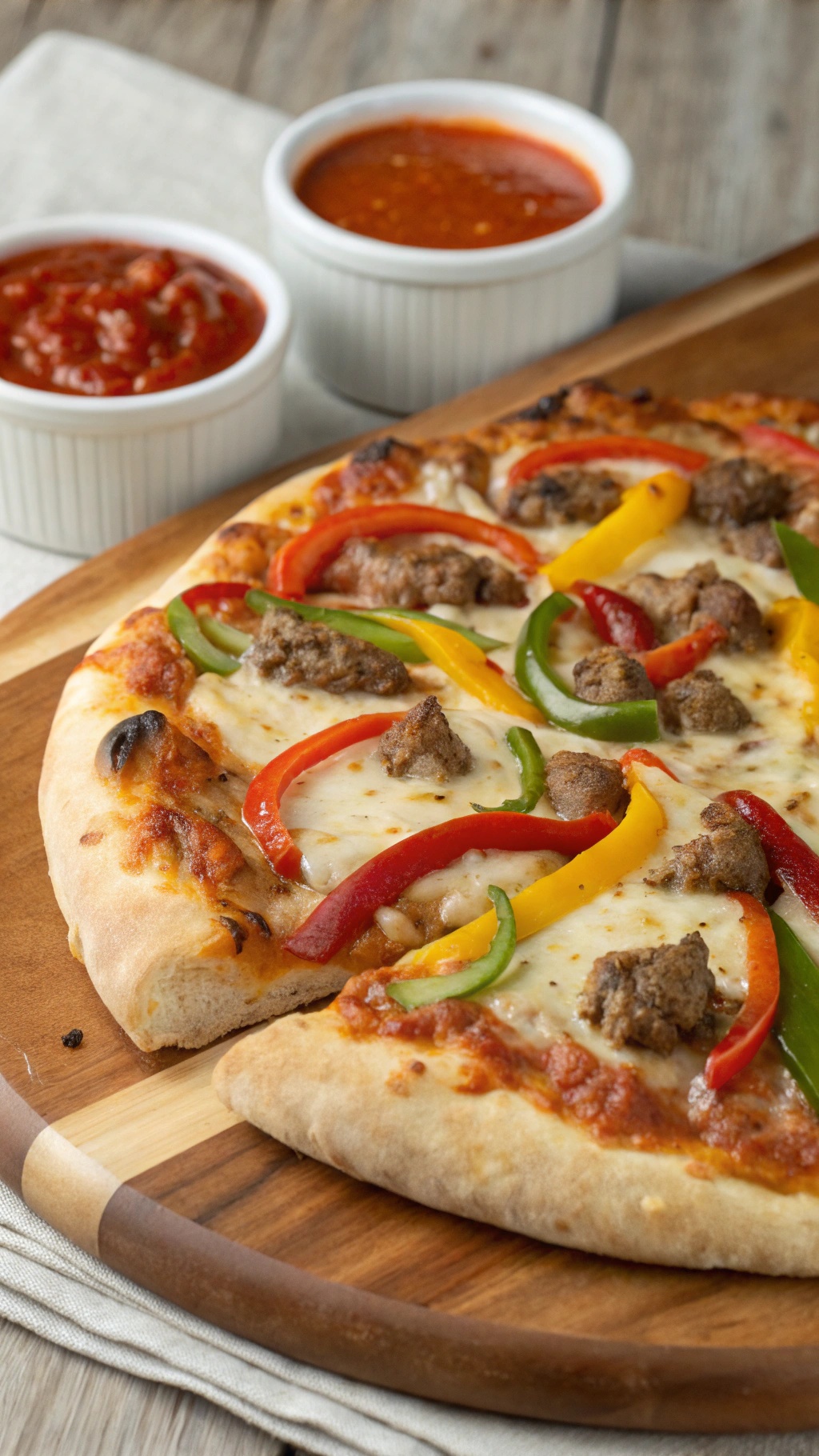 A delicious sausage and peppers pizza with colorful bell peppers and melted cheese, served with two dipping sauces.