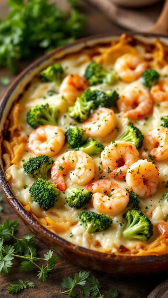 A delicious shrimp and broccoli bake in a ceramic dish, topped with cheese and garnished with parsley.