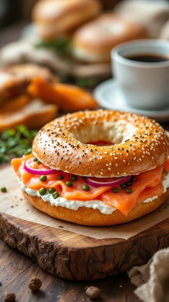 A delicious smoked salmon bagel sandwich with cream cheese, red onions, and capers on a wooden board.
