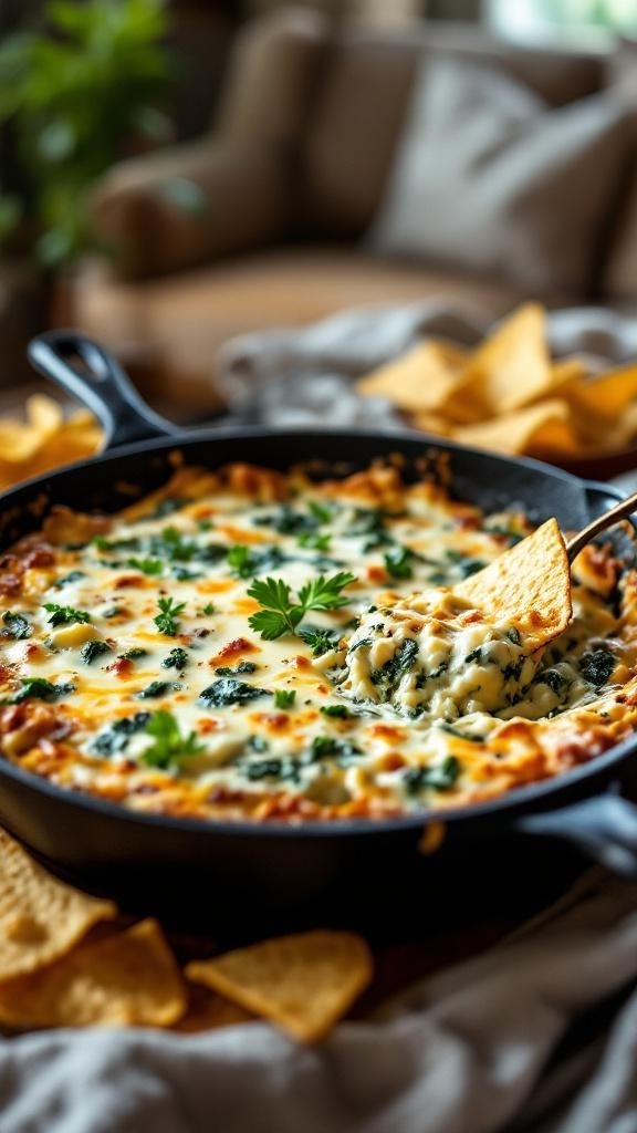 A warm spinach and artichoke dip in a skillet with tortilla chips on the side.