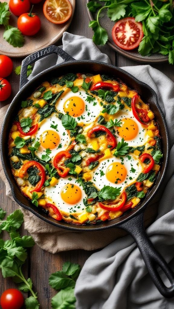 A delicious spinach and feta egg bake in a cast iron skillet, garnished with fresh herbs and surrounded by tomatoes and greens.