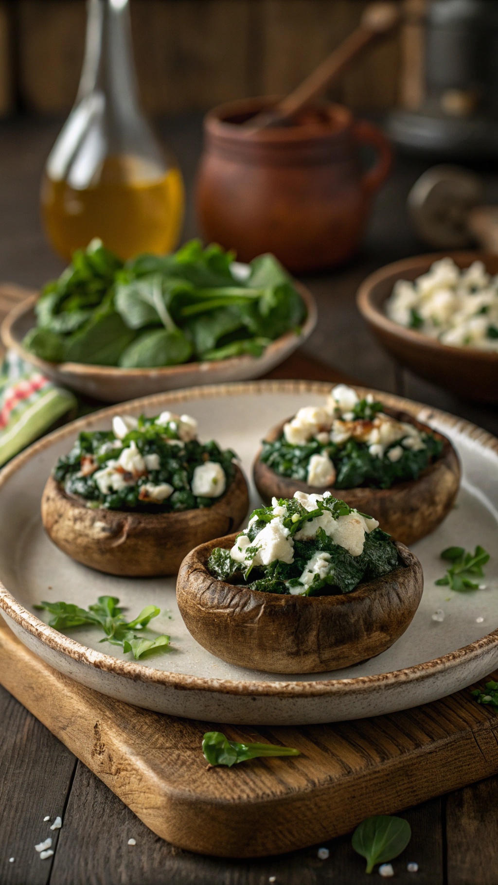 Stuffed portobello mushrooms filled with spinach and feta on a wooden platter