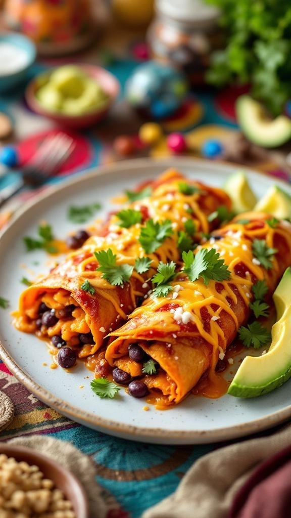 A plate of sweet potato and black bean enchiladas topped with cheese and cilantro, served with avocado slices.