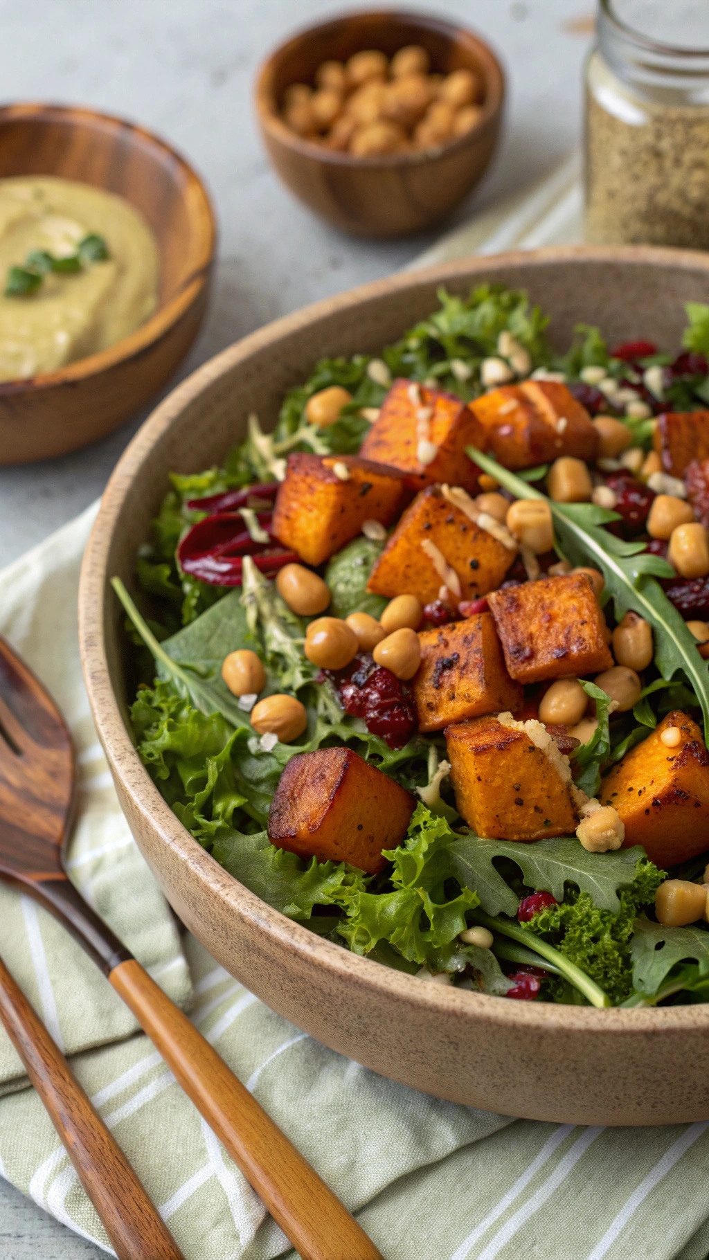 A colorful bowl of sweet potato and chickpea salad with greens, nuts, and cranberries.