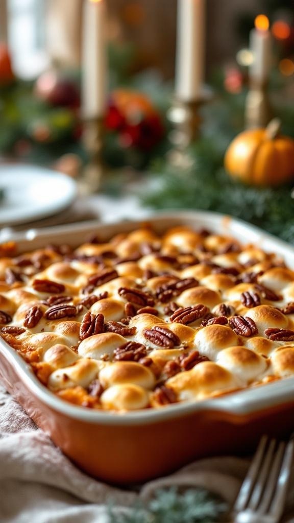 A warm sweet potato casserole topped with marshmallows and pecans, set on a festive table.