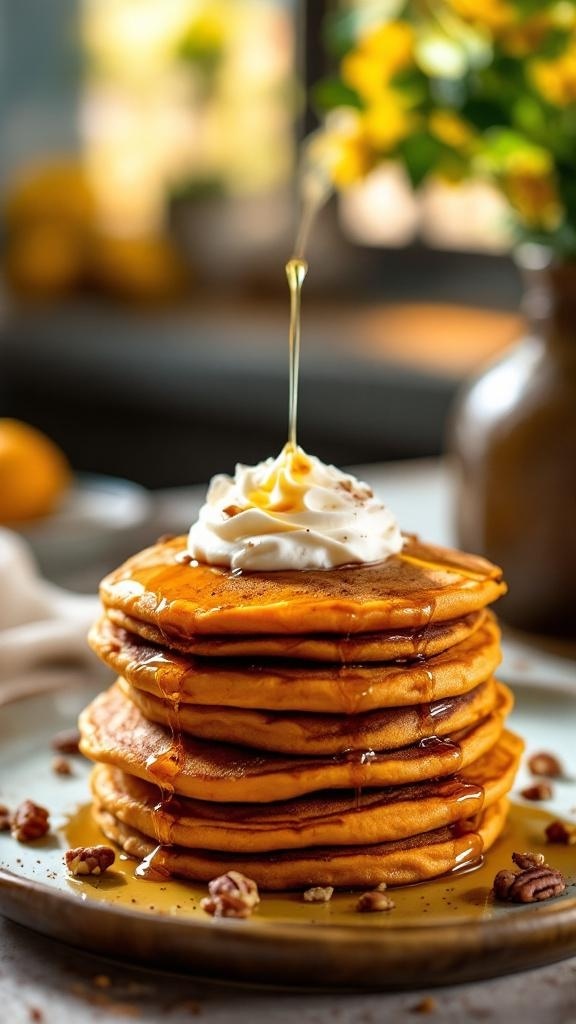 A stack of fluffy sweet potato pancakes topped with whipped cream and syrup, served on a plate with pecans.