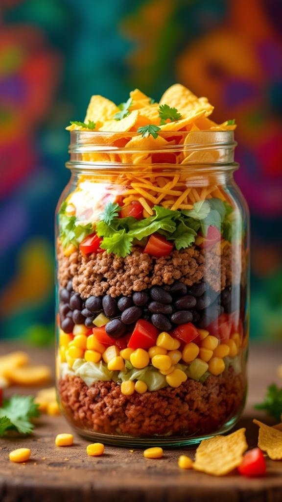 A colorful taco salad jar filled with layers of ground beef, black beans, corn, tomatoes, avocado, lettuce, cheese, and tortilla chips.