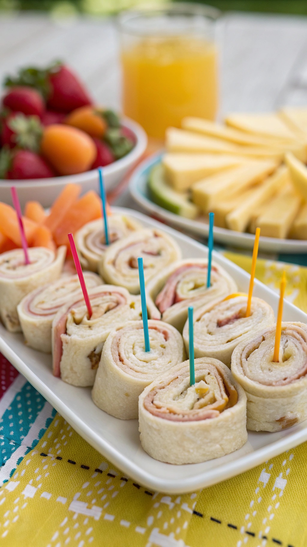A platter of turkey and cheese roll-ups with colorful toothpicks, surrounded by fresh fruit.