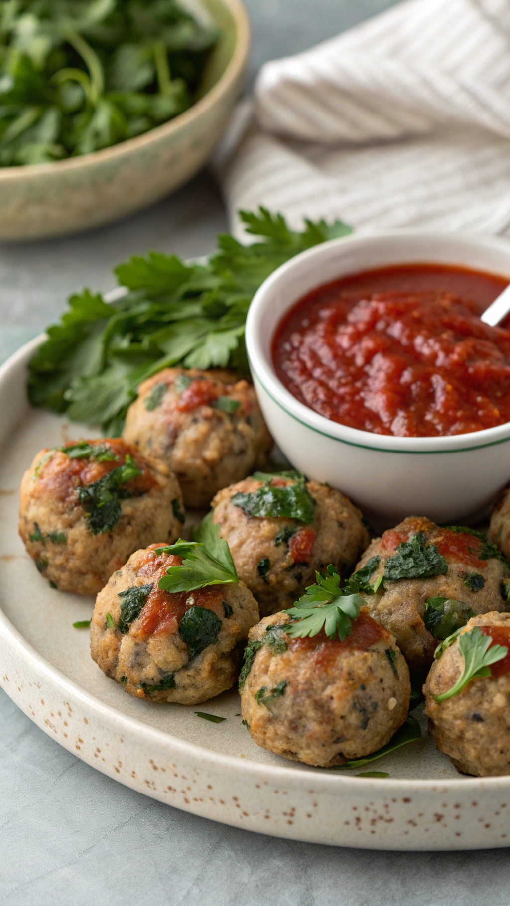 Plate of turkey and spinach meatballs with marinara sauce and fresh parsley