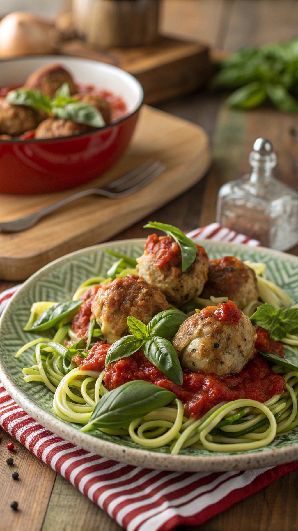 Turkey meatballs served on zucchini noodles with tomato sauce and basil garnish.