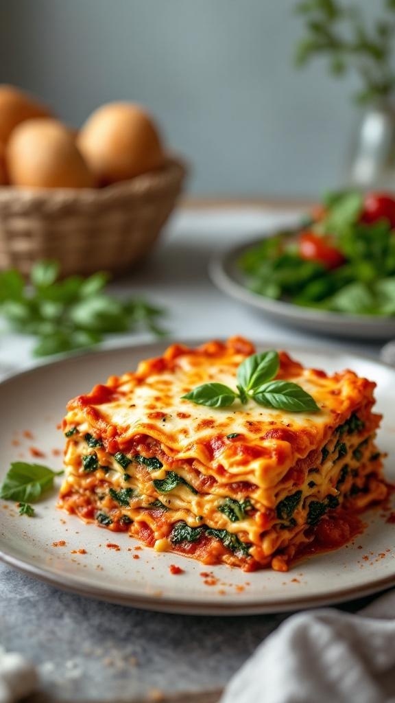 A delicious vegetarian lasagna casserole served on a plate, garnished with basil.
