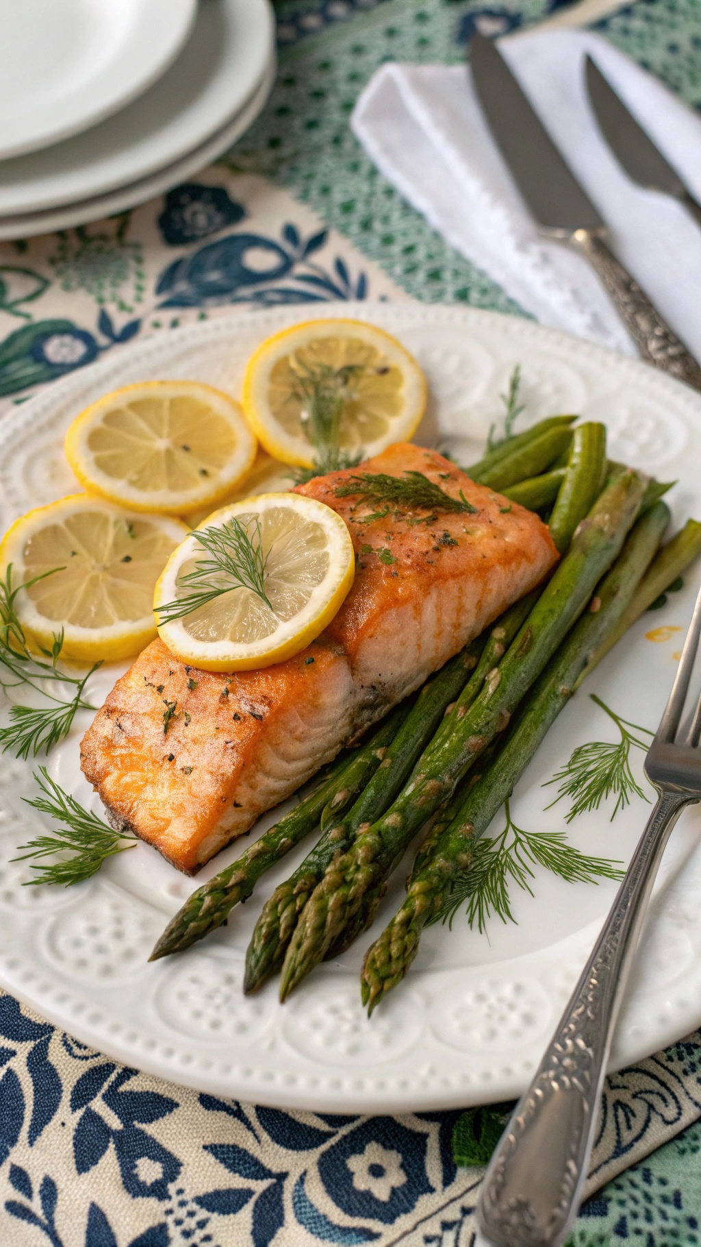 A plate of salmon fillet with asparagus and lemon slices, garnished with dill.