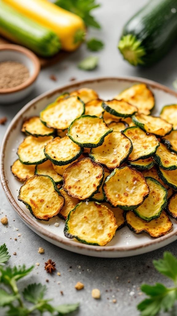 A plate of crispy zucchini chips surrounded by fresh zucchinis and spices.