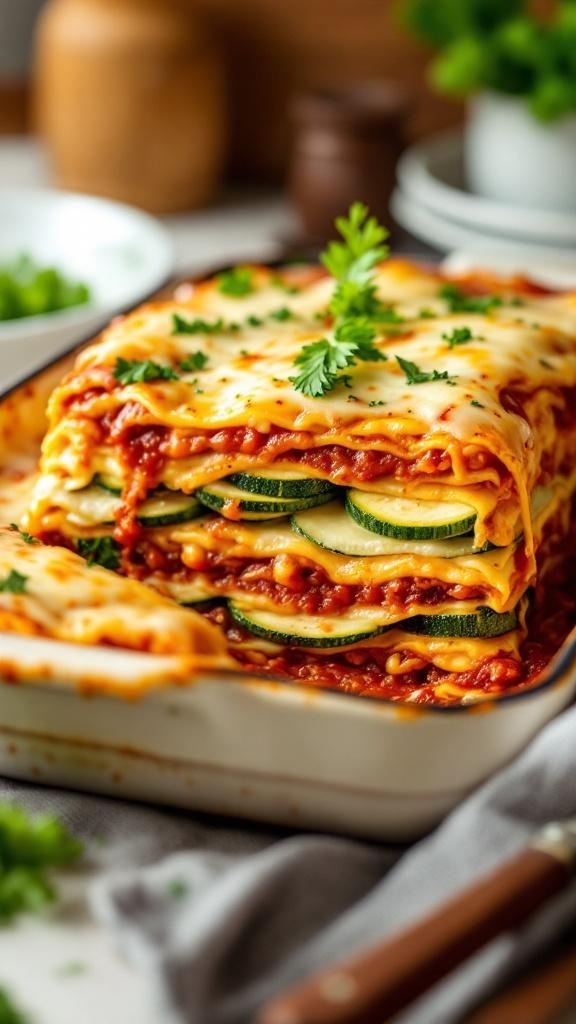 A delicious zucchini lasagna with layers of zucchini, marinara sauce, and melted cheese.
