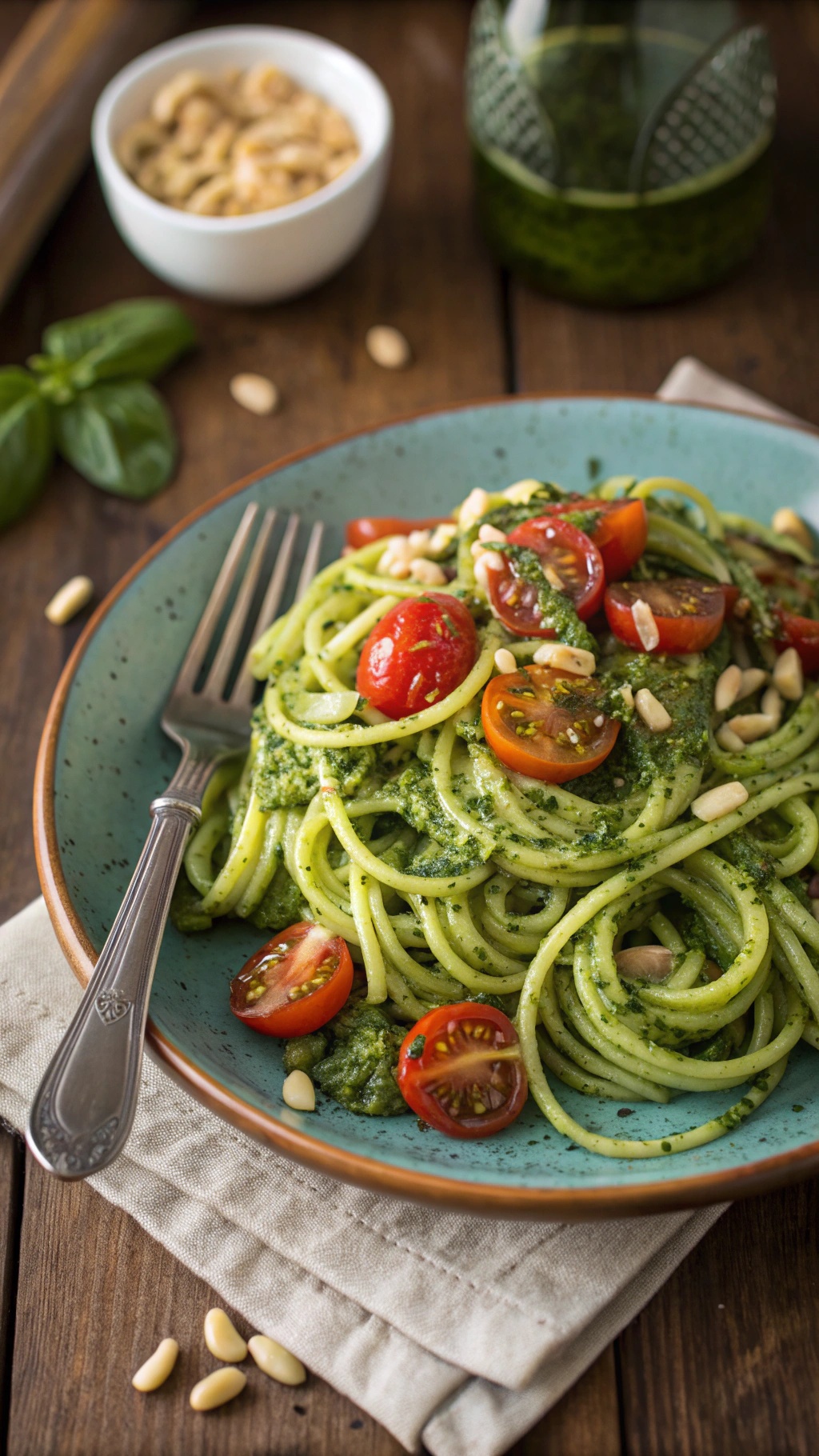A plate of zucchini noodles with pesto, topped with cherry tomatoes and pine nuts.