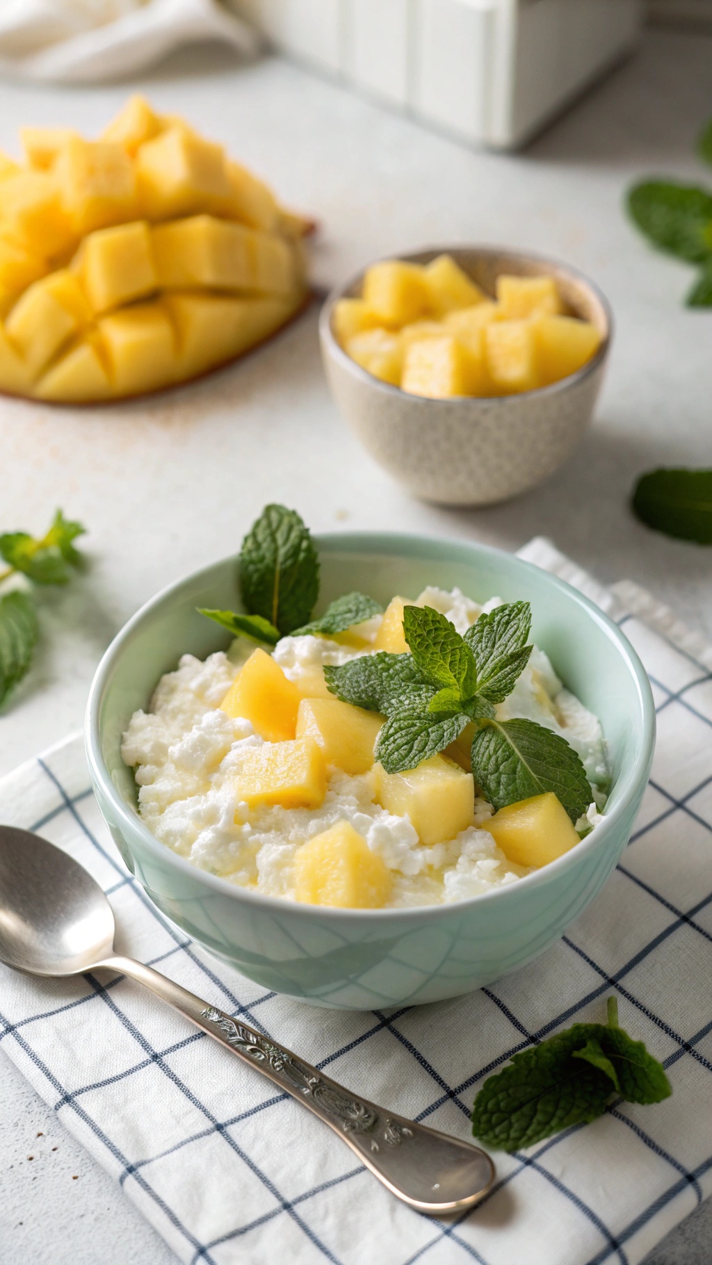 A bowl of cottage cheese topped with pineapple chunks and mint leaves, served on a checkered cloth.