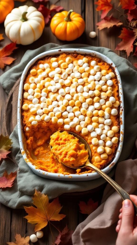 A creamy sweet potato casserole topped with marshmallows, surrounded by autumn leaves and pumpkins.