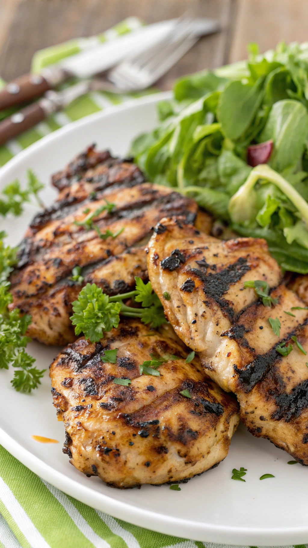 Grilled garlic herb chicken thighs on a plate with a side salad