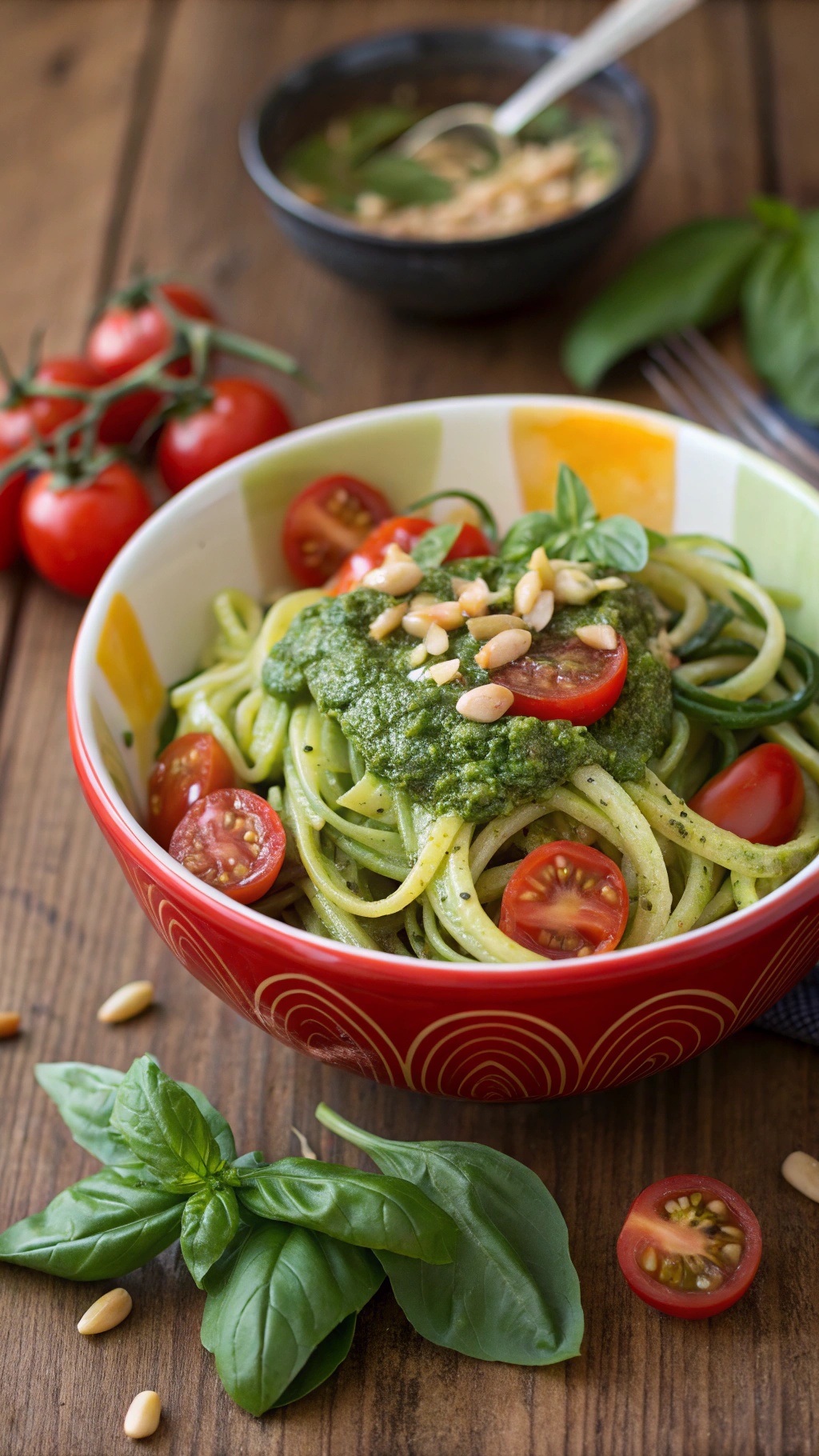 A bowl of zucchini noodles topped with pesto, cherry tomatoes, and pine nuts on a wooden table.