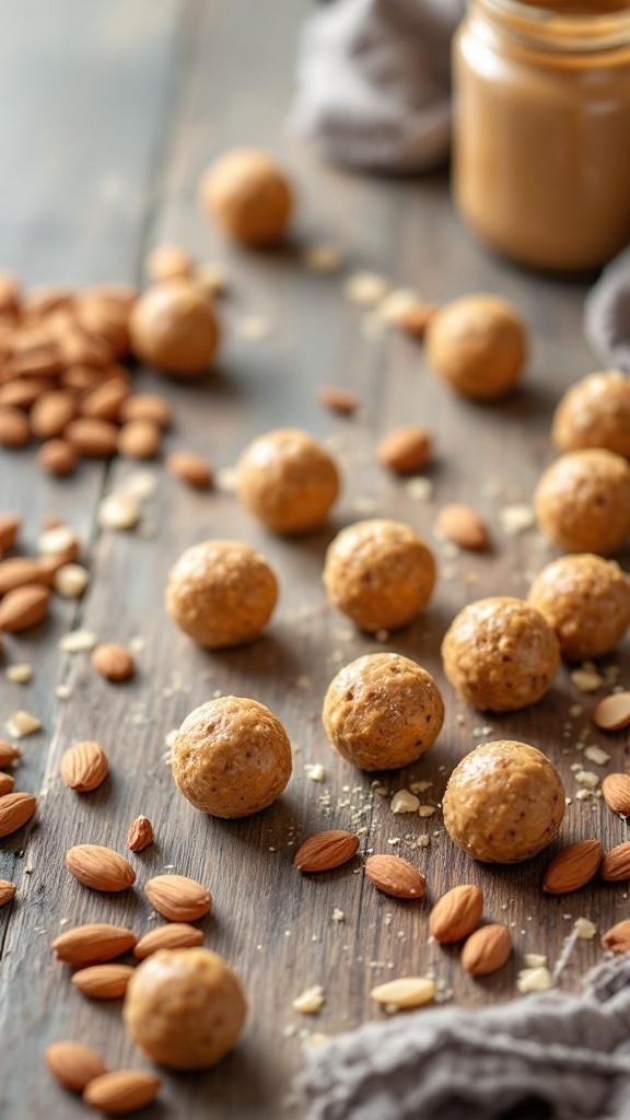 A collection of almond butter protein balls on a wooden table, surrounded by almonds and oats.