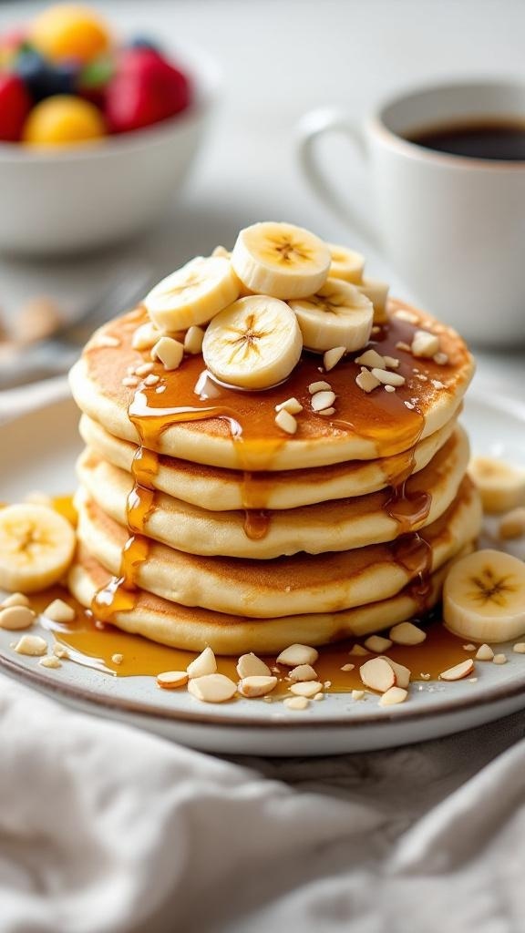 A stack of fluffy pancakes topped with banana slices and syrup, surrounded by chopped nuts.