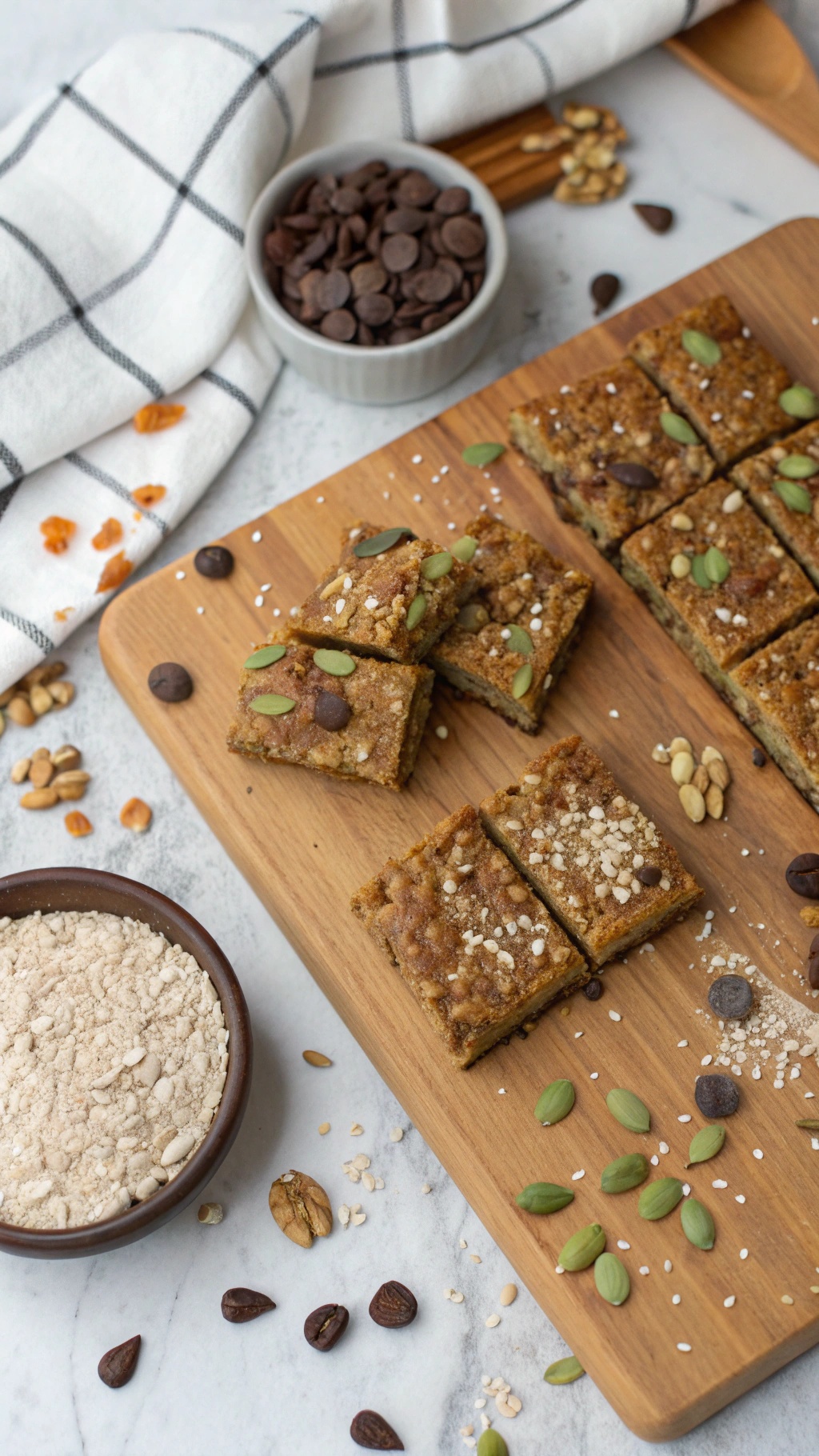 Homemade nutty protein bars arranged on a wooden platter with chocolate chips and seeds.